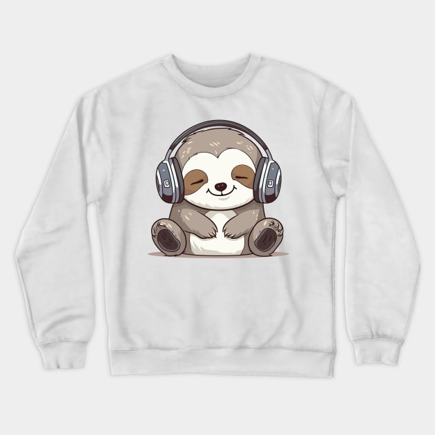 Sloth - Baby Sloth Kawaii Cute, Wearing Headphones, Enjoying The Music Crewneck Sweatshirt by ORENOB